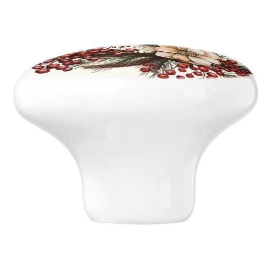 Elegante krans witte bloemen dennen takkenBessen Keramische Knop (Zijkant)