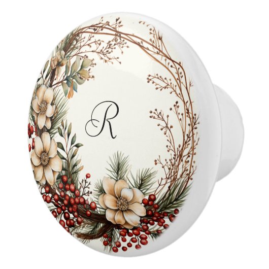 Elegante krans witte bloemen dennen takkenBessen Keramische Knop (Rechts)