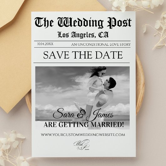 Elegante krant aangepaste foto save the date  kaart