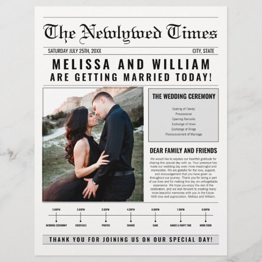 Elegante krant bruiloft programma tijdlijn flyer (Voorkant)