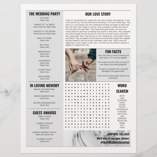 Elegante krant bruiloft programma tijdlijn flyer (Achterkant)