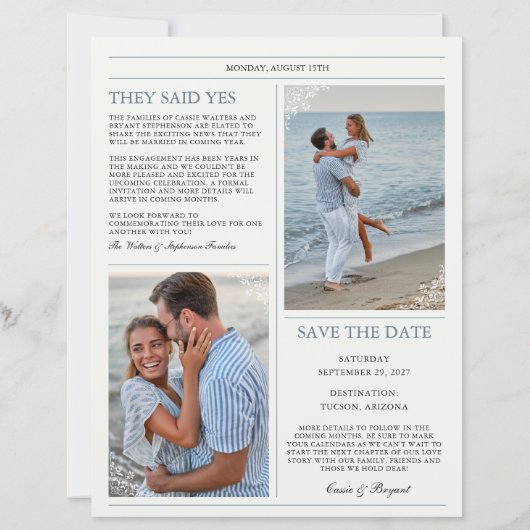 Elegante krant bruiloft Save the Date (Achterkant)