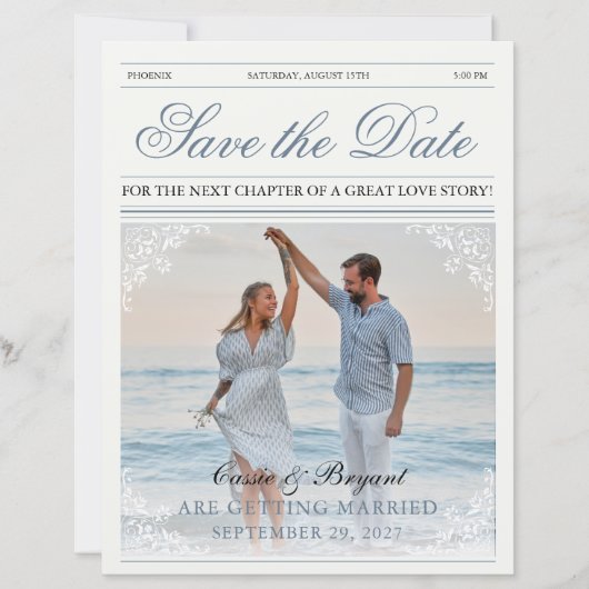 Elegante krant bruiloft Save the Date (Voorkant)