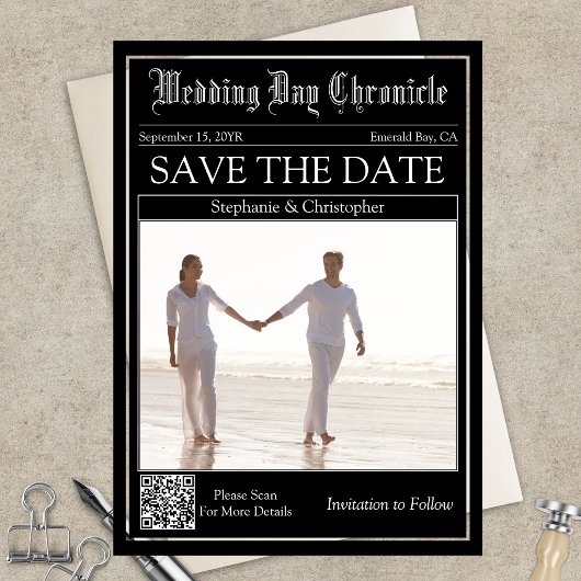 Elegante Kranten Huwelijks QR Code Save the Date Acryl Uitnodigingen