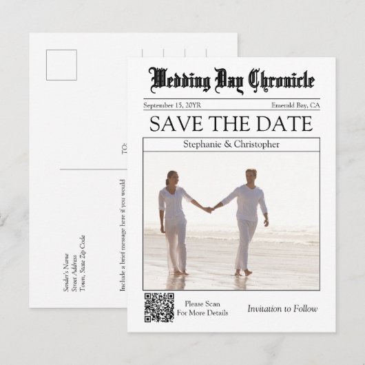 Elegante Kranten Huwelijks QR Code Save the Date Briefkaart (Voorkant / Achterkant)