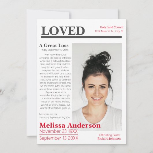 Elegante krantenstijl Uitvaart Kaart (Voorkant)