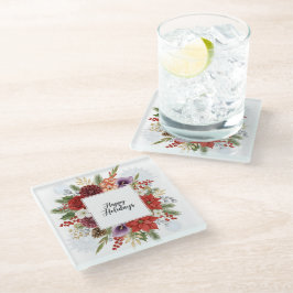 Elegante Kranz met Bloemen voor Gelukkig Kerstfees Glazen Onderzetter