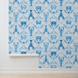 Elegante kreeft en krabben in korenbloemblauw behang