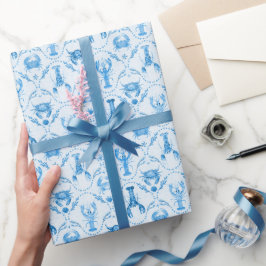 Elegante kreeft en krabben in korenbloemblauw cadeaupapier
