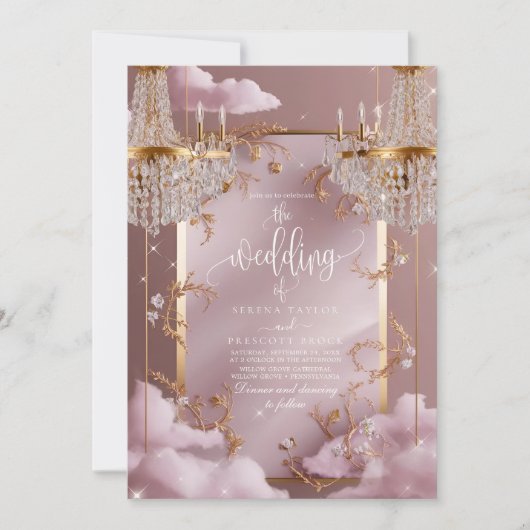Elegante kroonluchter roze wolken bruiloft kaart (Voorkant)