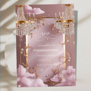 Elegante Kroonluchter Roze Wolken Bruiloft RSVP Kaartje