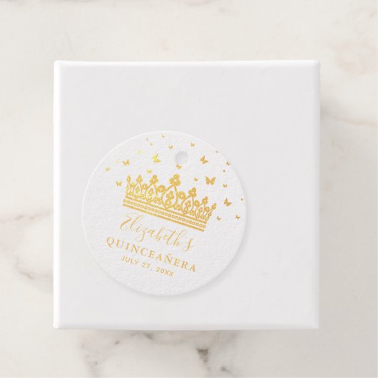 Elegante Kroonvlinder Quinceanera Goud Bedankjes Labels (Met doos)