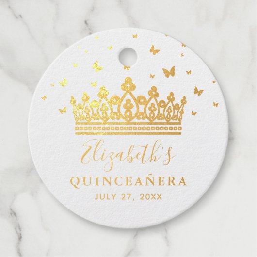 Elegante Kroonvlinder Quinceanera Goud Bedankjes Labels (Voorkant)