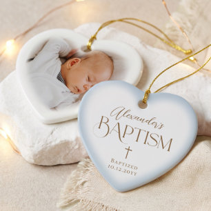 Elegante kruis baby jongen doop blauwe hart foto keramisch ornament