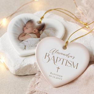 Elegante kruis baby meisje doop roze hart foto keramisch ornament