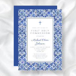 Elegante kruis blauwe tegels jongen eerste communi kaart