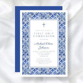 Elegante kruis blauwe tegels jongen eerste communi kaart