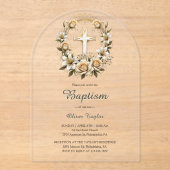Elegante Kruis Bloemen Krans Klassieke Doop Acryl Uitnodigingen (Voorkant)