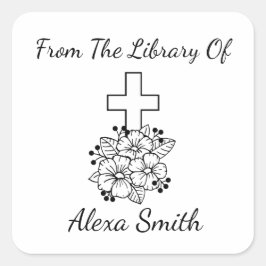 Elegante Kruis en Bloemen Gepersonaliseerde Boekpl Vierkante Sticker