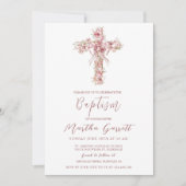 Elegante Kruis en Roze Bloemen Meisje Doop Kaart (Voorkant)