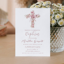 Elegante Kruis en Roze Bloemen Meisje Doop Kaart