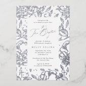 Elegante Kruis Kalligrafie Bloemen Zilveren Doop Folie Uitnodiging (Voorkant)