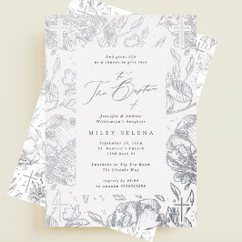 Elegante Kruis Kalligrafie Bloemen Zilveren Doop Folie Uitnodiging