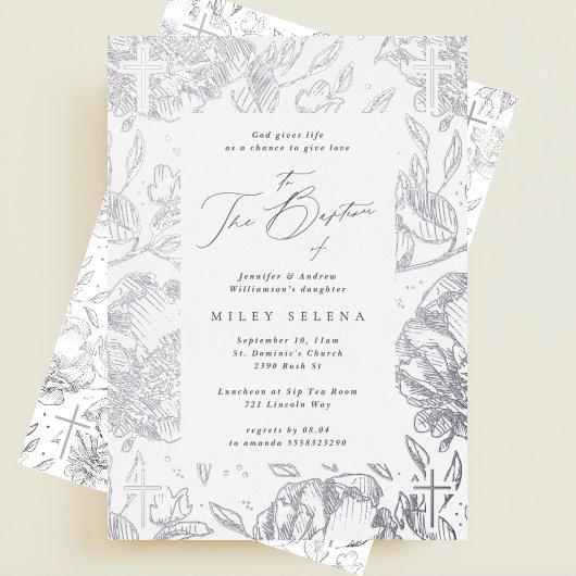 Elegante Kruis Kalligrafie Bloemen Zilveren Doop Folie Uitnodiging