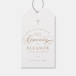 Elegante kruis kalligrafie communie favor cadeaulabel
