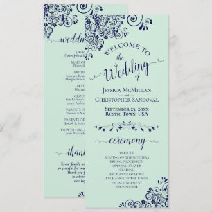 Elegante krullen & wervelingen Mint Green & Navy W Programmakaart