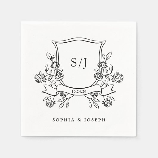 Elegante kuif en Monogram Zwart-wit bruiloft Servet (Voorkant)