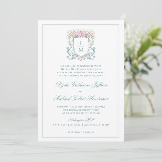 Elegante kuif met Rozen | Monogram bruiloft Kaart (Staand voorkant)