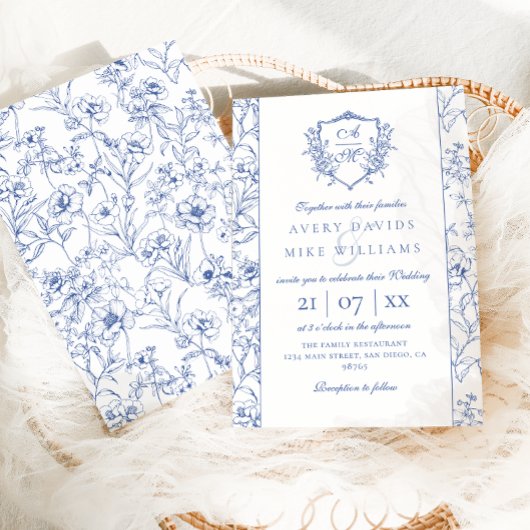 Elegante  kuif Stoffig Blauw Bloemen Bruiloft Kaart