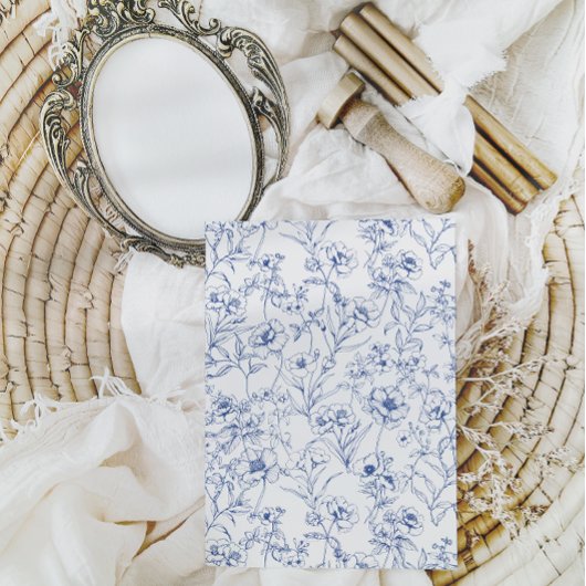 Elegante kuif Stoffig Blauw Bloemen Bruiloft Kaart