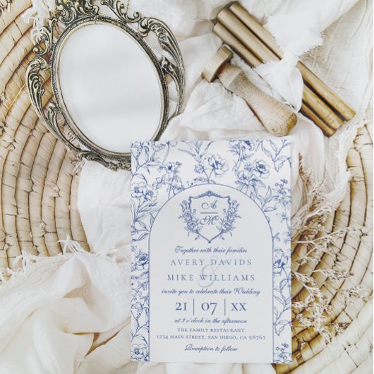 Elegante  kuif Stoffig Blauw Bloemen Bruiloft Kaart