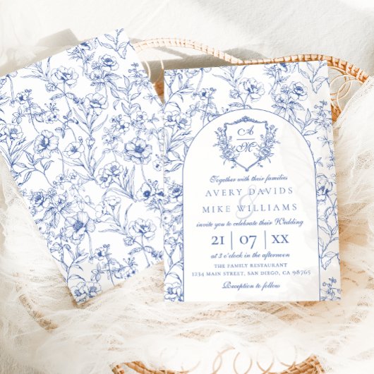 Elegante  kuif Stoffig Blauw Bloemen Bruiloft Kaart