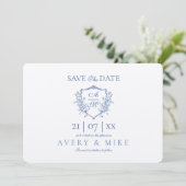 Elegante  kuif Stoffig Blauw Bloemen Bruiloft Save The Date (Staand voorkant)