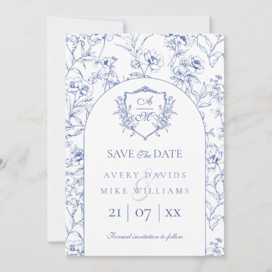 Elegante  kuif Stoffig Blauw Bloemen Bruiloft Save The Date (Voorkant)