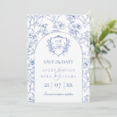 Elegante  kuif Stoffig Blauw Bloemen Bruiloft Save The Date (Staand voorkant)