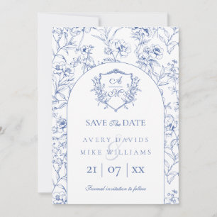 Elegante  kuif Stoffig Blauw Bloemen Bruiloft Save The Date