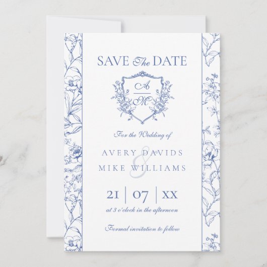 Elegante  kuif Stoffig Blauw Bloemen Bruiloft Save The Date (Voorkant)