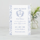 Elegante  kuif Stoffig Blauw Bloemen Bruiloft Save The Date (Staand voorkant)
