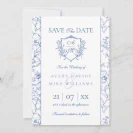 Elegante  kuif Stoffig Blauw Bloemen Bruiloft Save The Date