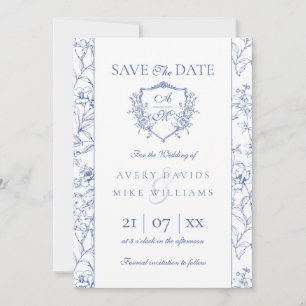 Elegante  kuif Stoffig Blauw Bloemen Bruiloft Save The Date