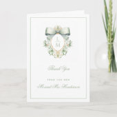 Elegante kuif w / Sage Groene Boog | Monogram brui Bedankkaart (Voorkant)