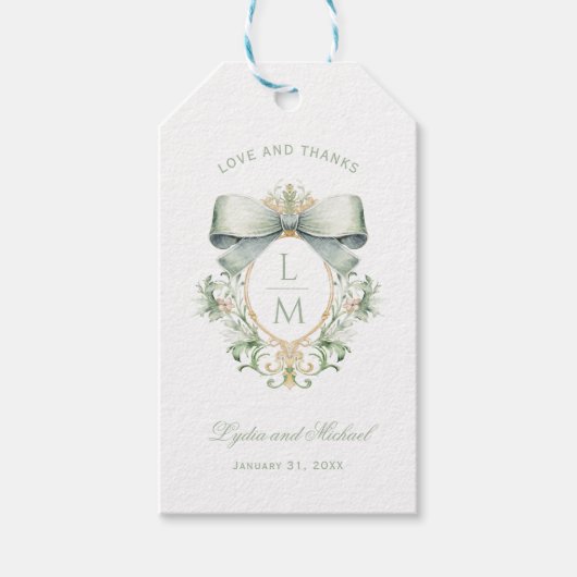Elegante kuif w / Sage Groene Boog | Monogram brui Cadeaulabel (Voorkant)