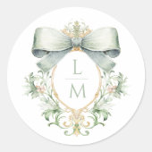 Elegante kuif w / Sage Groene Boog | Monogram brui Ronde Sticker (Voorkant)