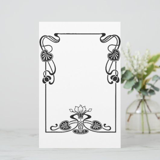 Elegante Kunst Nuovo Bloemen Zwart-wit Scroll Briefpapier (Staand voorkant)