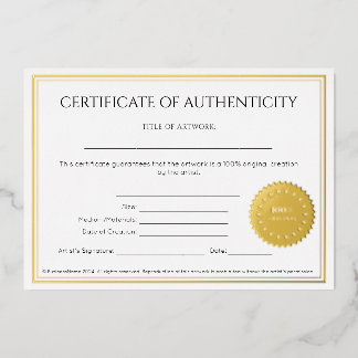 Elegante Kunstenaar Certificate van Echtheid Folie Uitnodiging