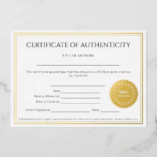 Elegante Kunstenaar Certificate van Echtheid Folie Uitnodiging (Voorkant)